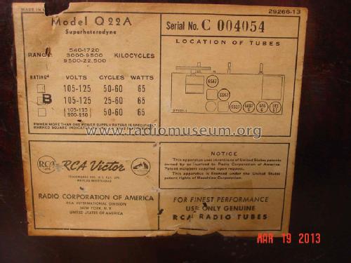 Q22A CH= RC-507; RCA RCA Victor Co. (ID = 1417970) Radio