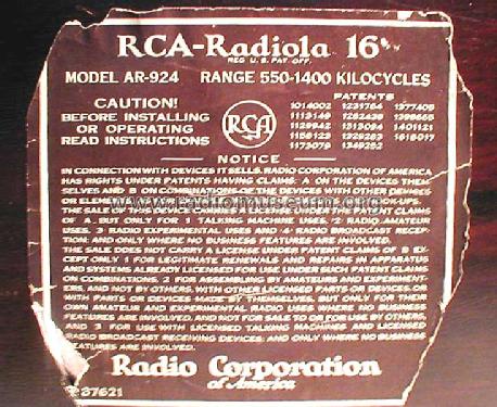 Radiola 16 AR-924; RCA RCA Victor Co. (ID = 309282) Radio
