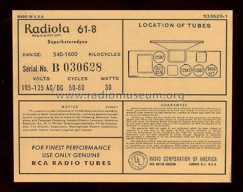 Radiola 61-8 Ch= RC-1034; RCA RCA Victor Co. (ID = 1291506) Radio