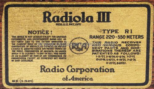 Radiola III AR-805 Type RI ; RCA RCA Victor Co. (ID = 3098662) Radio