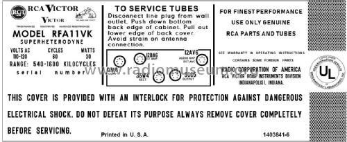 RFA 11 VK Ch= RC-1213A; RCA RCA Victor Co. (ID = 2914929) Radio