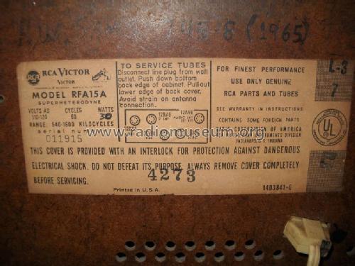 RFA 15 A Ch= RC-1213A; RCA RCA Victor Co. (ID = 1049094) Radio