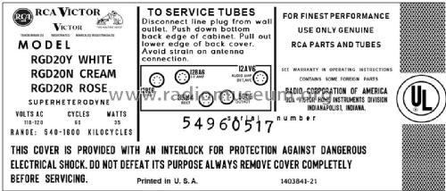 RGD-20N Ch= RC-1213K; RCA RCA Victor Co. (ID = 2974549) Radio