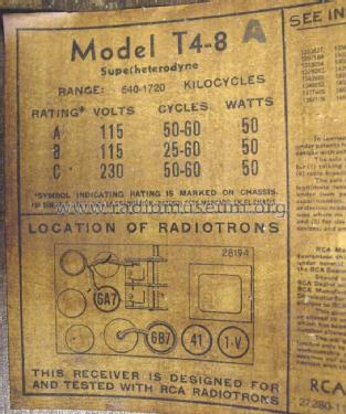 T4-8A ; RCA RCA Victor Co. (ID = 1382704) Radio