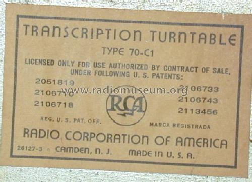 Transcription Turntable 70-C1; RCA RCA Victor Co. (ID = 618471) R-Player