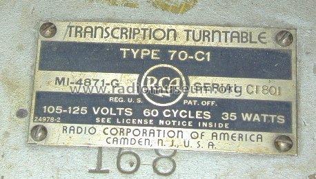 Transcription Turntable 70-C1; RCA RCA Victor Co. (ID = 618472) R-Player