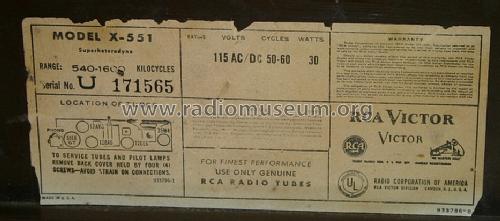 X-551 Ch= RC-1089B; RCA RCA Victor Co. (ID = 1231375) Radio