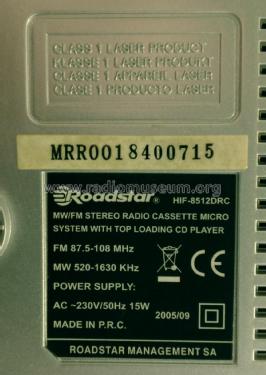 MW/FM Stereo Radio Cassette Micro System With Top Loading CD Player HIF- 8512DRC; Roadstar; Japan (ID = 2519510) Radio