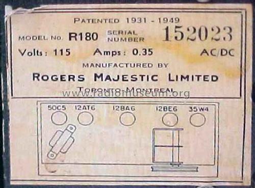 R-180W R-180B R-180M ; Rogers-Majestic, (ID = 1726970) Radio