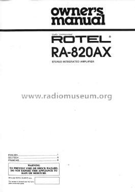 Stereo Integrated Amplifier RA-820AX; Rotel, The, Co., Ltd (ID = 1778752) Ampl/Mixer