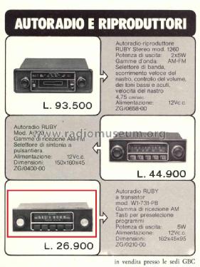 Ruby Autoradio W1-731-PB; GBC; Milano (ID = 3076565) Car Radio