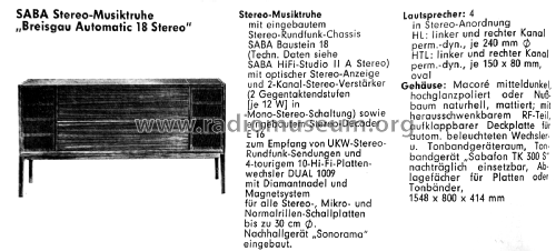 Breisgau Automatic 18 Stereo Ch= HiFi-Studio IIA Stereo; SABA; Villingen (ID = 2492229) Radio