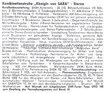 Königin von Saba Automatic 100 St; SABA; Villingen (ID = 2896186) TV-Radio