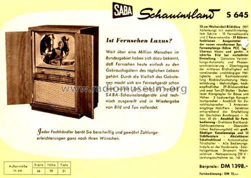 Schauinsland S645; SABA; Villingen (ID = 2900910) Televisore