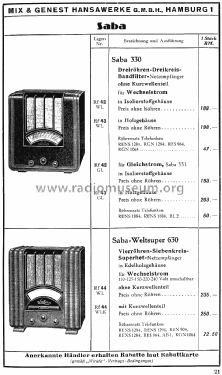 Synchron-Selektiv 330WL-H; SABA; Villingen (ID = 1581642) Radio