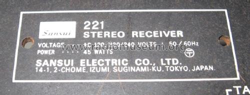 Stereo Receiver 221; Sansui Electric Co., (ID = 1078308) Radio