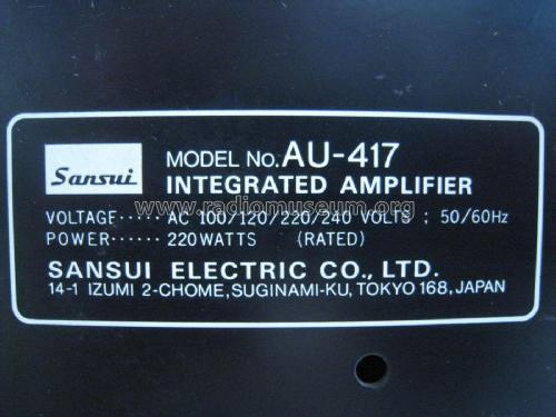 Integrated Amplifier AU-417; Sansui Electric Co., (ID = 2097435) Ampl/Mixer