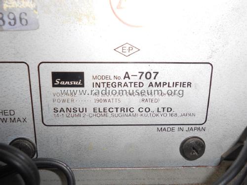 Integrated Stereo Amplifier A-707; Sansui Electric Co., (ID = 2300209) Ampl/Mixer