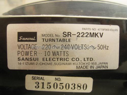 Belt-Drive Turntable SR-222 MKV; Sansui Electric Co., (ID = 2032367) Reg-Riprod