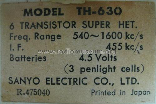 6 Transistor TH-630; Sanyo Electric Co. (ID = 986123) Radio