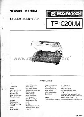 Stereo Turntable TP 1020UM; Sanyo Electric Co. (ID = 2050137) Ton-Bild