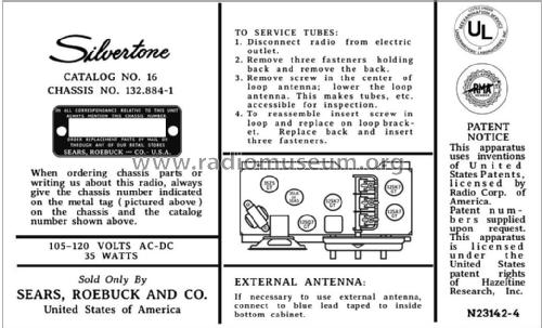 Silvertone 16 Ch= 132.844-1 Order=57E 016; Sears, Roebuck & Co. (ID = 2974554) Radio