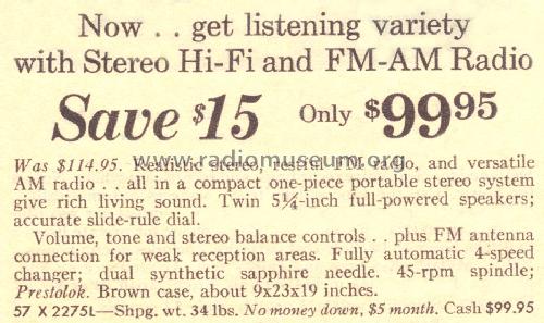 Silvertone 2275 Ch= 528.54140 or 528.54141 Order=57X 2275L; Sears, Roebuck & Co. (ID = 1684881) Radio