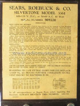 Silvertone Order= 57F 3361 Ch= 109.356 ; Sears, Roebuck & Co. (ID = 377991) Radio