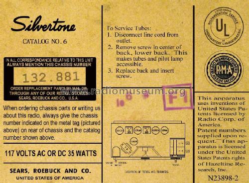 Silvertone 6 Ch= 132.881 Order=57K 06; Sears, Roebuck & Co. (ID = 1394267) Radio