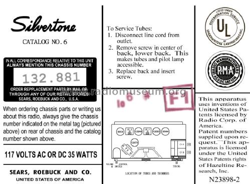 Silvertone 6 Ch= 132.881 Order=57K 06; Sears, Roebuck & Co. (ID = 1394271) Radio