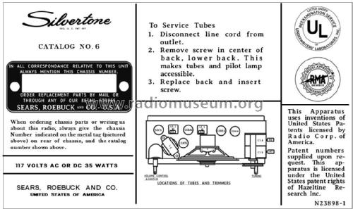 Silvertone 6 Ch= 132.881 Order=57K 06; Sears, Roebuck & Co. (ID = 2938477) Radio