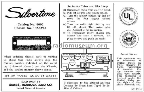 Silvertone 8005 Ch= 132.839; Sears, Roebuck & Co. (ID = 2934919) Radio