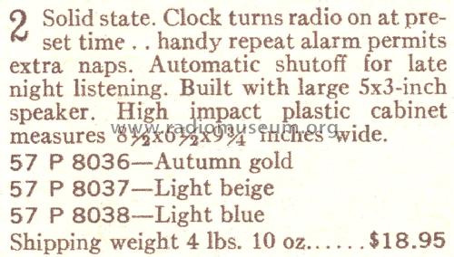 Silvertone Solid State Clock Radio 8036 Ch= 528.63811 Order= 57P 8036; Sears, Roebuck & Co. (ID = 1717729) Radio