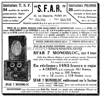 Sfar 7 Monobloc ; SFAR S.F.A.R.; Paris (ID = 2067628) Radio