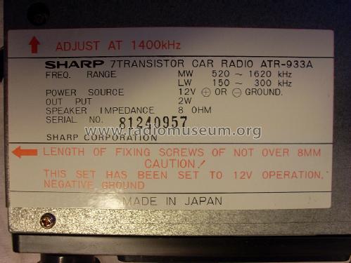 Solid State Auto Radio ATR-933A; Sharp; Osaka (ID = 1477529) Car Radio