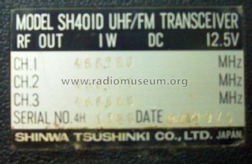 SH-401D UHF/FM Transceiver; Shinwa Tsushinki Co. (ID = 1697882) Commercial TRX