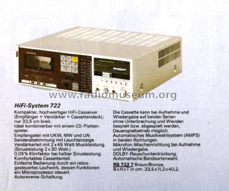 Stereo Cassette Receiver - HiFi System RS722; Siemens & Halske, - (ID = 2980250) Radio