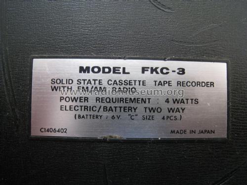 Solid State Cassette Tape Recorder with FM/AM Radio FKC-3; Silvano, Kyoei (ID = 2047642) Radio