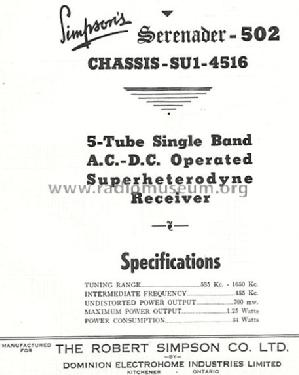 Serenader 502 Ch= SU1-4516; Simpson Co. Ltd., (ID = 794592) Radio