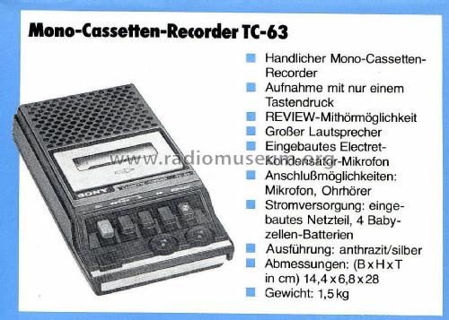 Cassette-Recorder TC-63; Sony Corporation; (ID = 2807679) R-Player