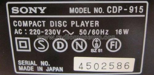 Compact Disc Player CDP-915; Sony Corporation; (ID = 2588074) Reg-Riprod