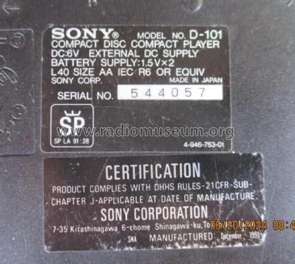 Discman Compact Disc Compact Player D-101; Sony Corporation; (ID = 3042924) R-Player