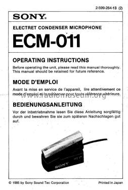 Electret Condenser Microphone ECM-011; Sony Corporation; (ID = 2505995) Microphone/PU