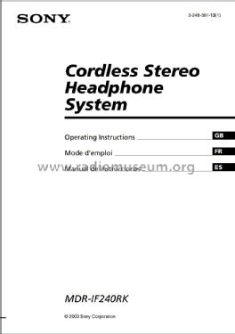 Cordless Stereo Headphone System with Infrared Transmitter MDR-IF240R / TMR-IF240R; Sony Corporation; (ID = 2289705) Speaker-P