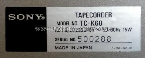 Stereo Cassette Deck TC-K60; Sony Corporation; (ID = 2128047) Sonido-V