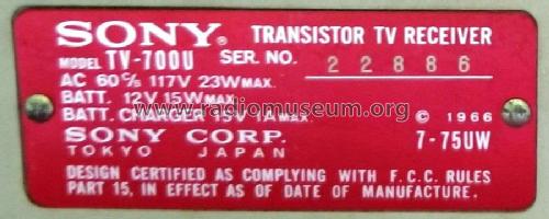 Transistor TV Receiver 700-U TV-700U; Sony Corporation; (ID = 2588952) Television