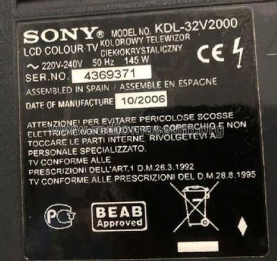 Bravia LCD Colour TV KDL-32V2000; Sony España; Hispano (ID = 3125910) Television