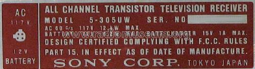 All Channel Transistor TV 5-305UW; Sony Corporation; (ID = 624767) Television