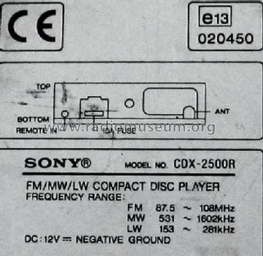 FM/MW/LW Compact Disc Player CDX-2500R Car Radio Sony Corporation