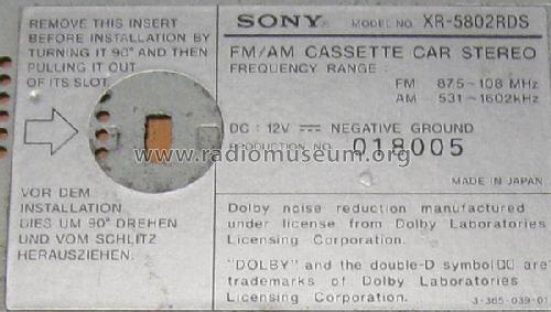 FM/AM Cassette Car Stereo XR-5802RDS; Sony Corporation; (ID = 2008528) Car Radio